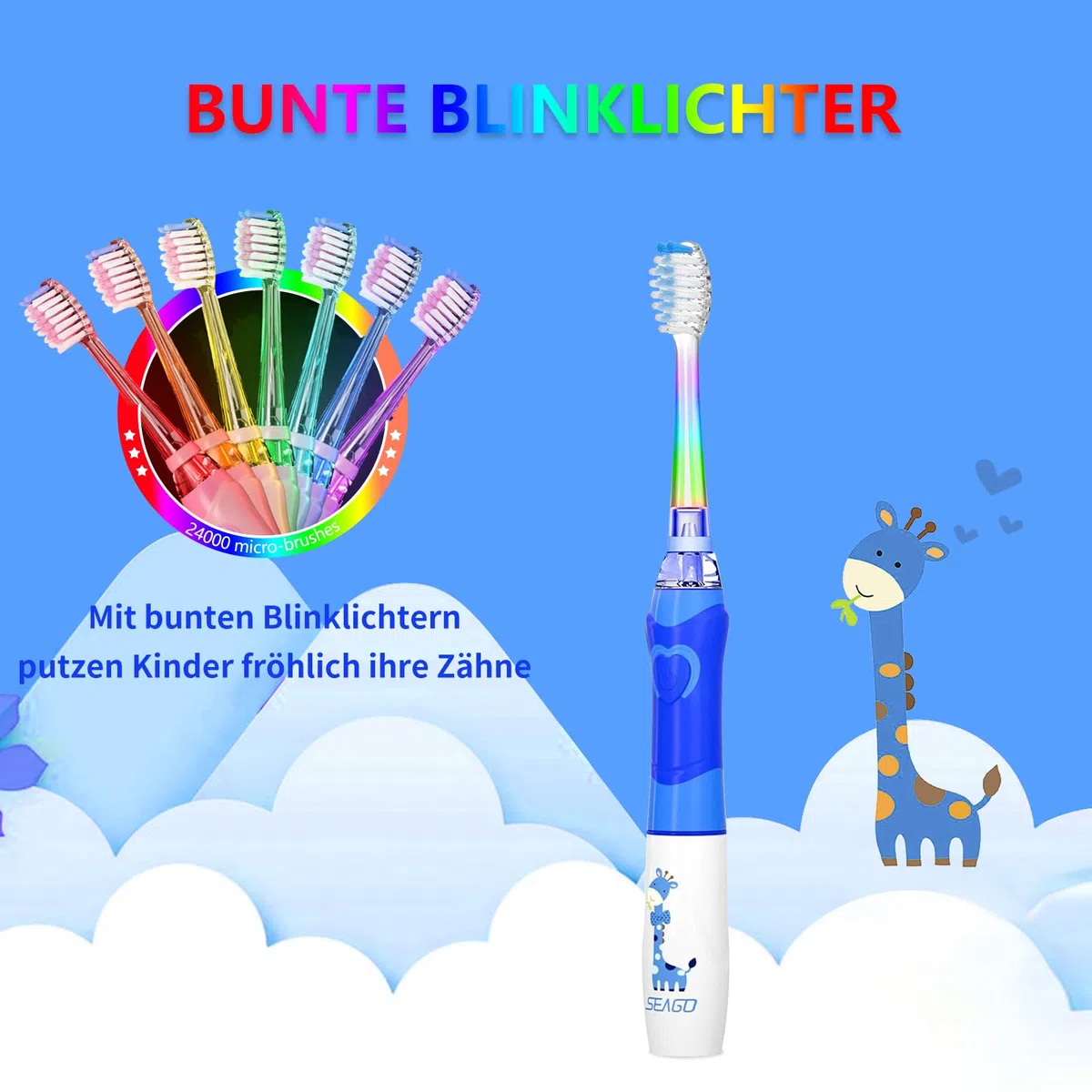 Seago Spazzolino elettrico per bambini dai 3 ai 12 anni di età, spazzolino elettrico con luce colorata, Smart Timer 8 testine morbide, impermeabile, spazzolino sonico per bambini, SG977 (blu-8)