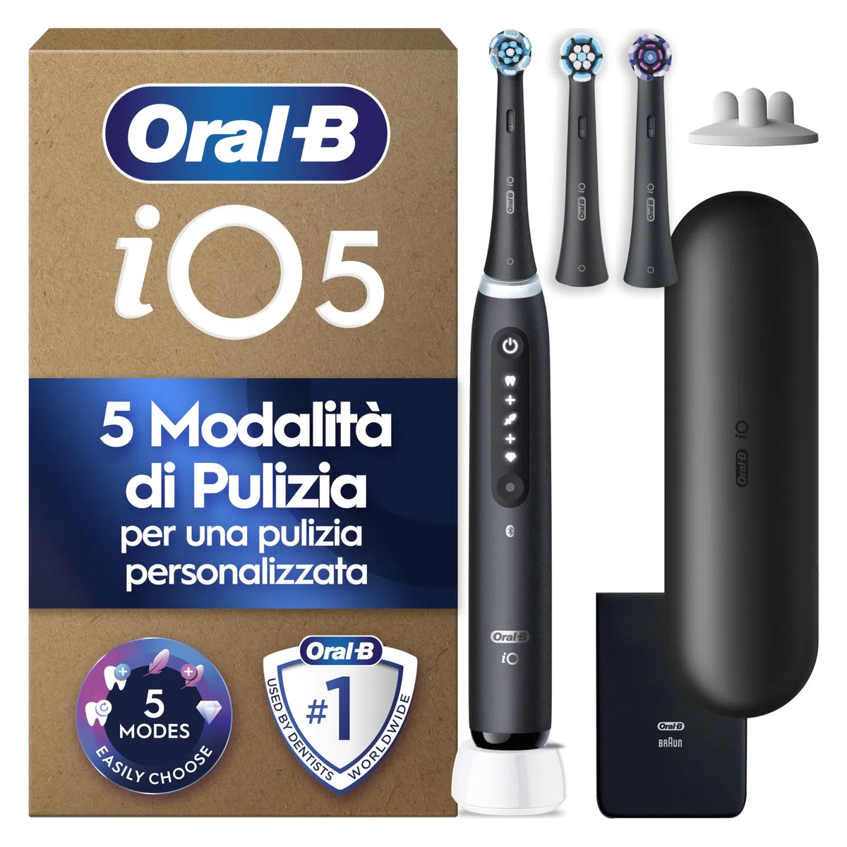 Oral-B iO 5 Spazzolino Elettrico, con 3 Testina di Ricambio, Custodia, Nero - 3 Testine di Ricambio per Spazzolino Elettrico, Ricaricabile, Custodia da Viaggio, Sensore di Pressione, Pulizia Denti