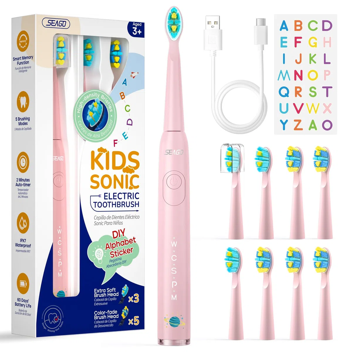 Seago Spazzolino Elettrico Bambini 6-12 Anni, Spazzolini Elettrici per Con Adesivi Fai Da Te Divertenti, Timer Da 2 Minuti, 8 Testine Spazzolino Bambini,Impermeabile IPX7 SG-2303 (Rosa)